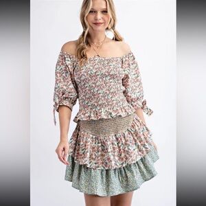 Easel Floral Off-Shoulder Smocked Top and matching Skirt set